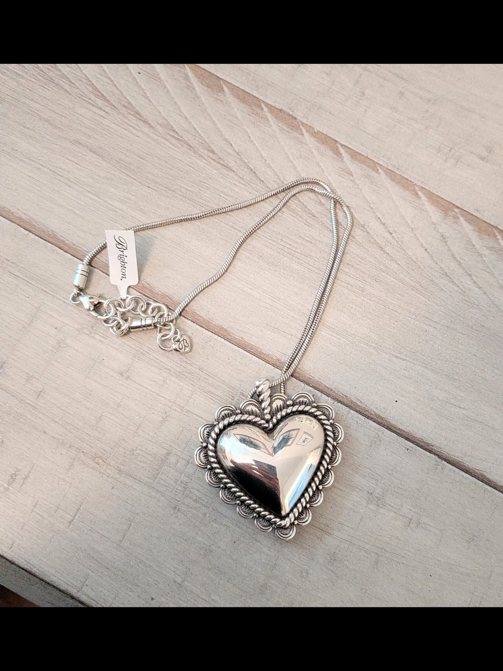 Brighton Pretty Tough Bold Silver Heart Locket Necklace with Scalloped Frame